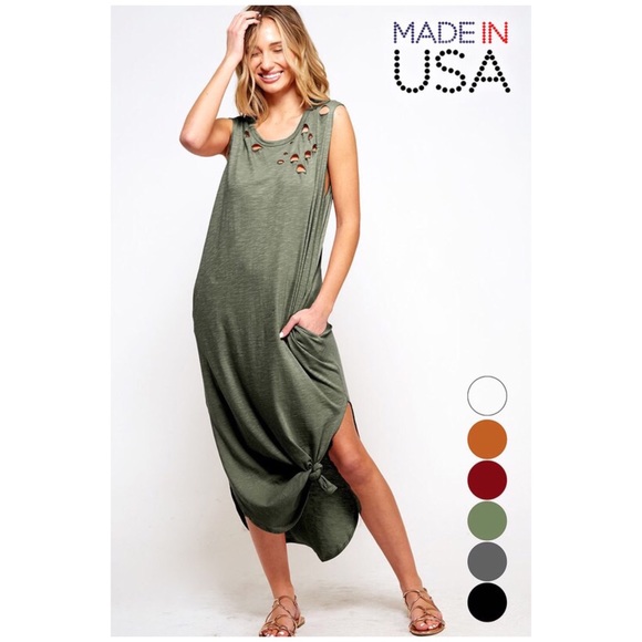 CLEARANCE Olive Distressed Tank Midi Dress W/ Pockets - Picture 2 of 2